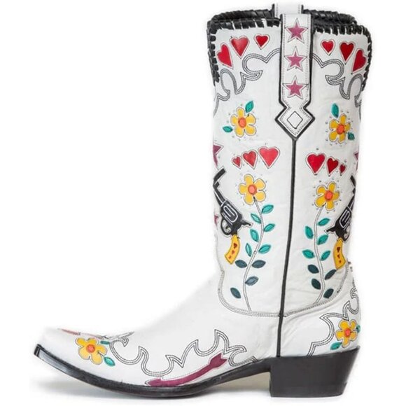 Women's White Floral Embroidered Cowgirl Boots Chunky Low Heels Pull On Shoes - Picture 4 of 5